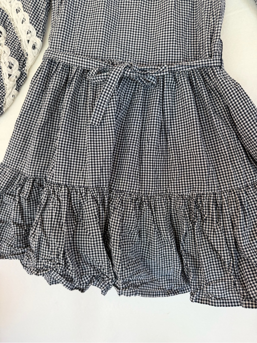 Maje Navy Gingham and Lace-Trim Dress with Tie Waist - Picture 5 of 11